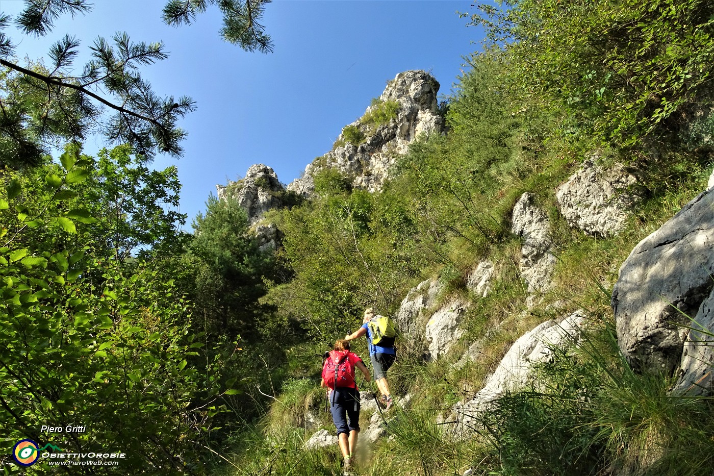 23 Il bosco si dirada e il sentiero sale in traverso l'erboso-roccioso versante ovest del Pizzo di Spino.JPG